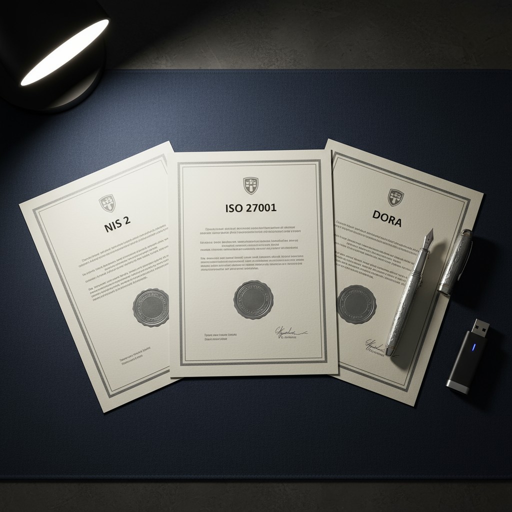 Three versions of an ISO 27001 certificate lay on a dark surface; a pen, a USB drive, and a small light are also present i...