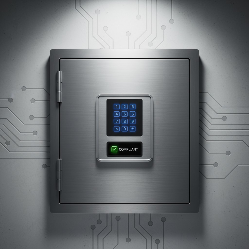 - L'image ci-dessous représente un coffre-fort avec un keypad et un message de conformité.