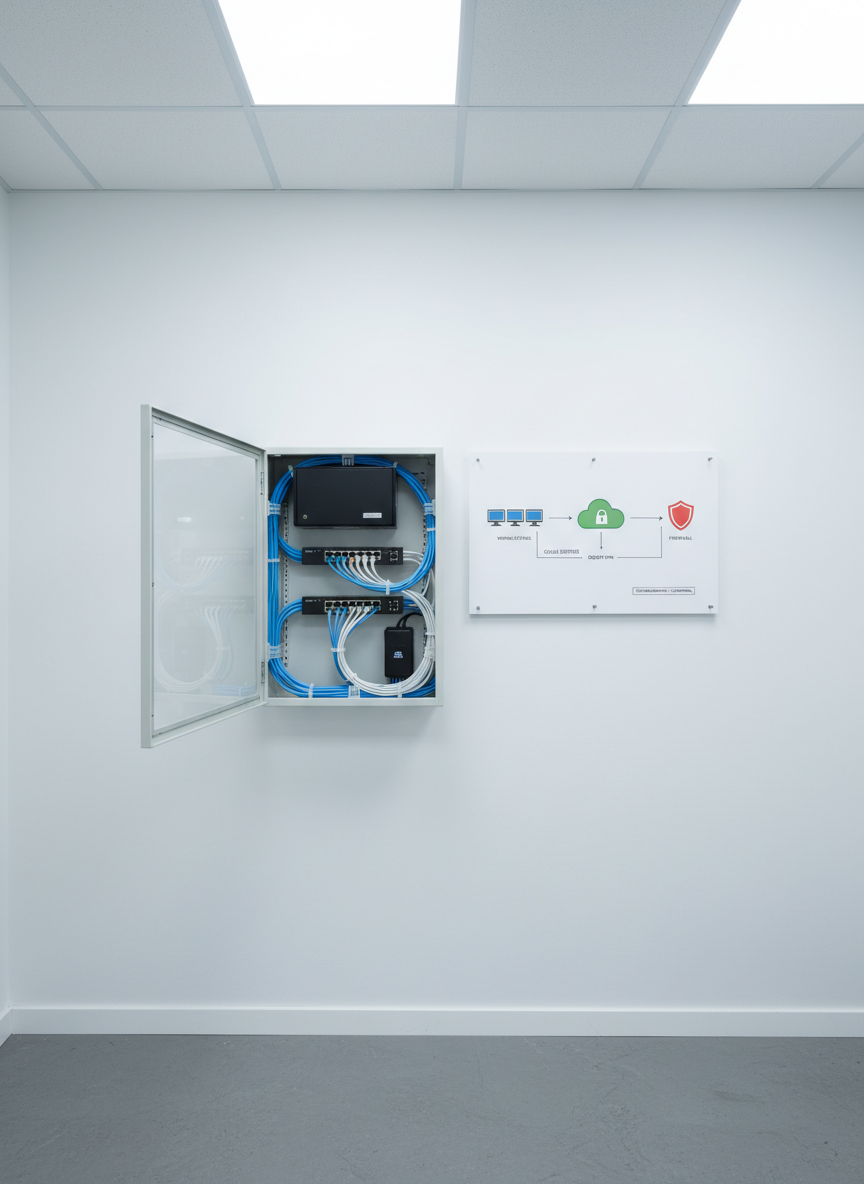 An abstract yet concrete representation of a secure small business network: a compact black server box and several labeled network switches neatly mounted in a small wall cabinet, with tidy blue and white Ethernet cables carefully organized in cable guides. A printed, color-coded network diagram is pinned on the adjacent wall, showing simple icons for workstations, cloud, and firewall. The environment is a modest but clean SME back-office with white walls and a matte grey floor. Cool, diffused ceiling lighting eliminates harsh shadows, giving the scene a controlled, organized feeling. Photographic realism, slightly elevated angle, with sharp focus throughout, communicates clarity, simplicity, and practical cybersecurity tailored for TPE and PME.