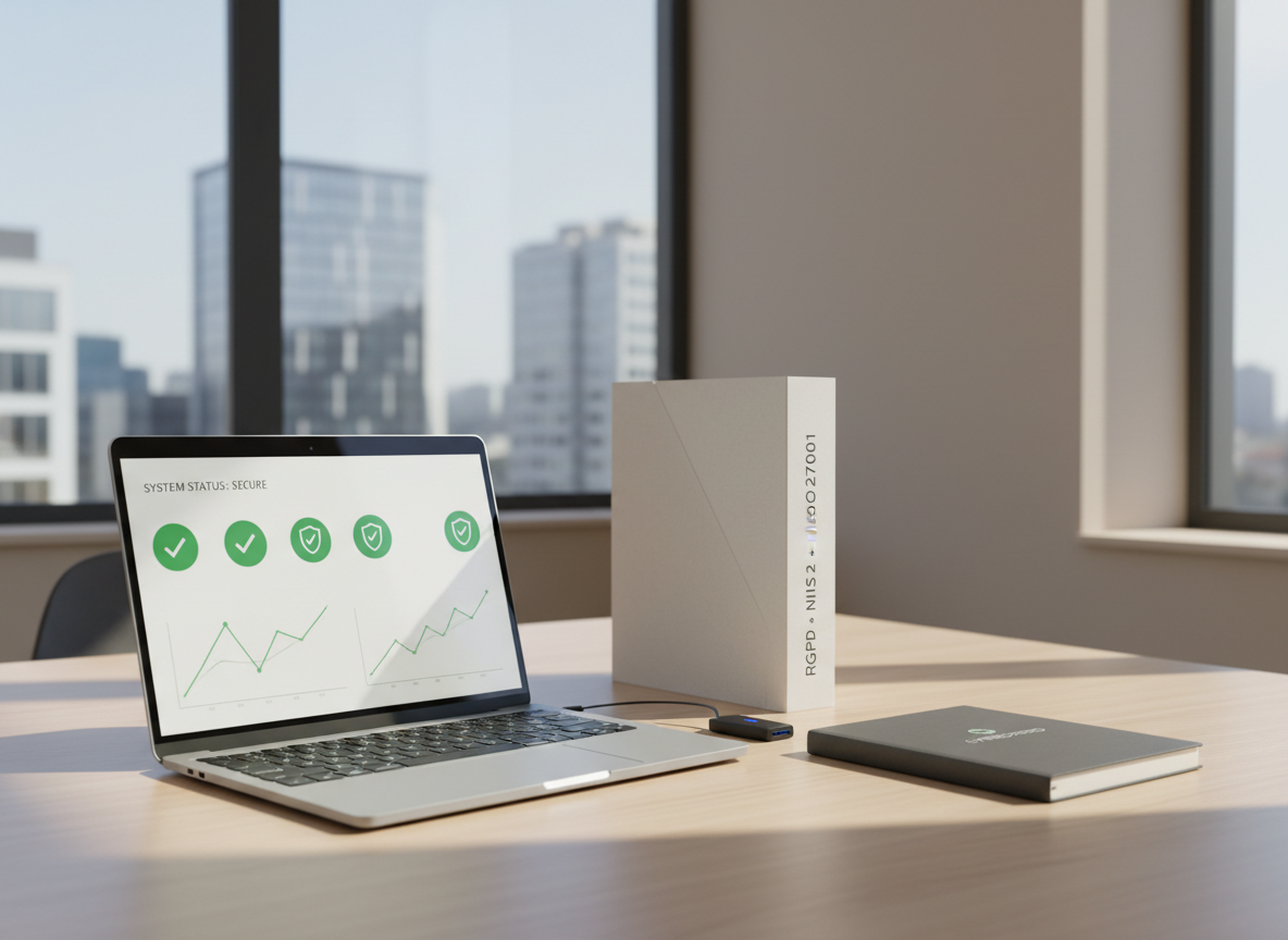 A sleek, modern cybersecurity command center table featuring an open silver laptop displaying a clean dashboard of green checkmarks, security shields, and simple graphs. Beside it, a neatly stacked folder labeled “RGPD • NIS 2 • ISO 27001” rests on a light oak desk, alongside a secure hardware key and a closed, branded notebook. The scene is set in a bright, minimalist office with neutral walls and a blurred cityscape visible through a large window. Soft daylight creates gentle reflections on the laptop screen and subtle shadows across the desk. Shot at eye level with photographic realism, using a shallow depth of field so the background gently fades, reinforcing a calm, trustworthy, professional mood with a clean, accessible aesthetic.